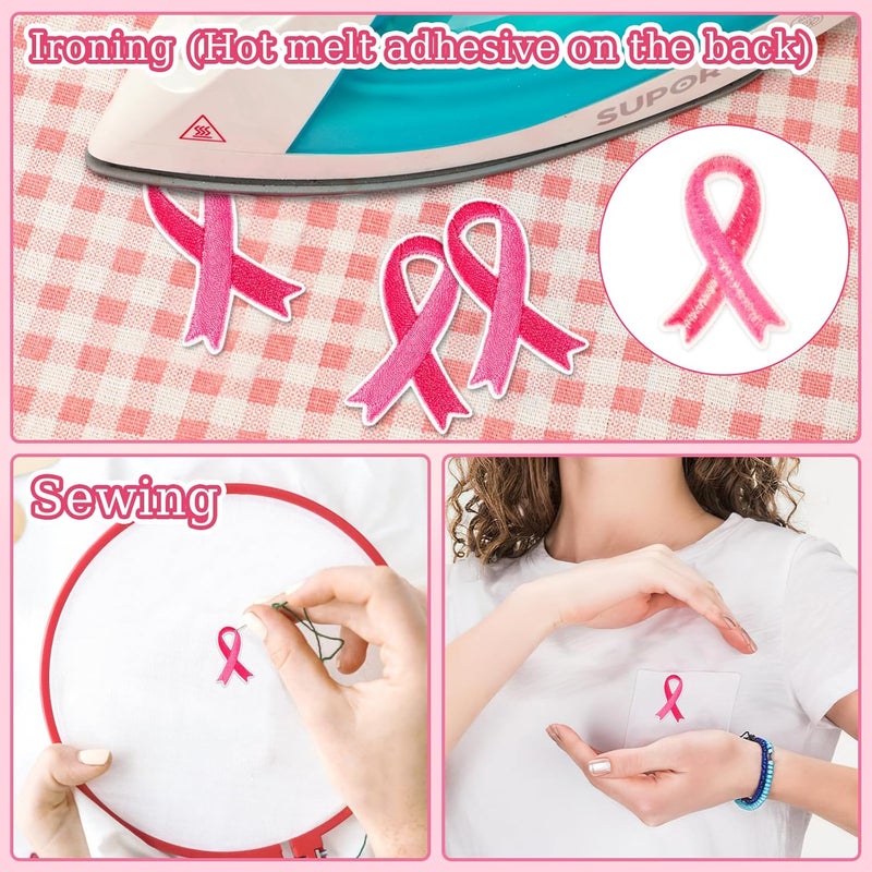 Augsun 30 pcs Pink Ribbon Iron on Patches Breast Cancer Awareness Embroidered Sew Applique Repair Patch DIY Crafts for Women Girls Clothing Jacket Jeans Pants Dress Backpack Hat Decorations - Image 3